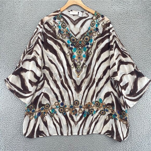 Chicos Top Womens 3 US Extra Large Brown Multi Zebra Stripes 3/4 Sleeves Blouse - Picture 1 of 9